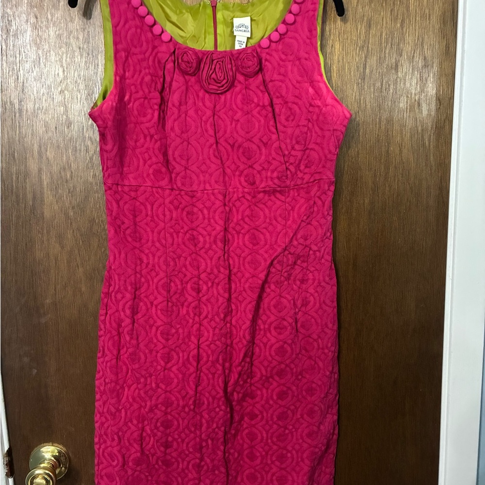 Signature by Sangria Hot Pink Jacquard Sheath Dress with Rosette Trim